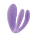 Purple triple-prong flexible mini vibrator with smooth silicone texture and remote control compatibility.