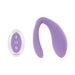 Purple flexible Petite Tickler mini vibrator with white and purple remote control on white background.