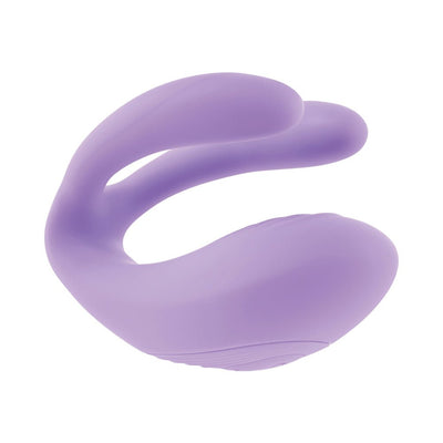 Purple compact dual-arm mini vibrator with smooth silicone finish and curved ergonomic design.