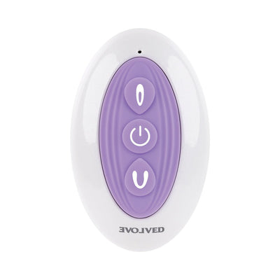 White and purple oval remote control for Evolved Petite Tickler Mini Vibe with three buttons and brand logo.