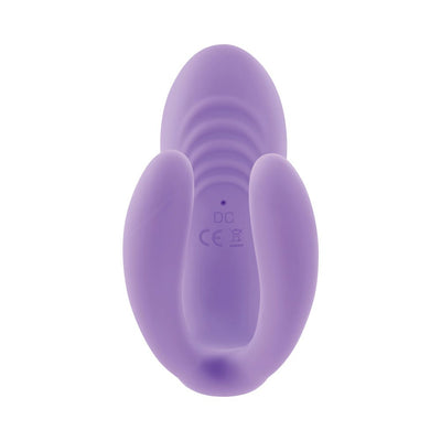 Compact purple silicone mini vibrator with dual flexible arms and textured surface, designed for versatile stimulation.