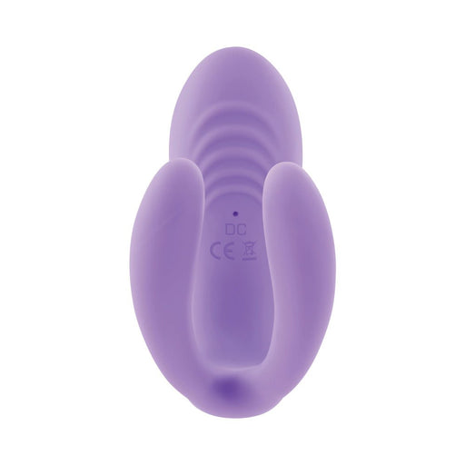 Compact purple silicone mini vibrator with dual flexible arms and textured surface, designed for versatile stimulation.