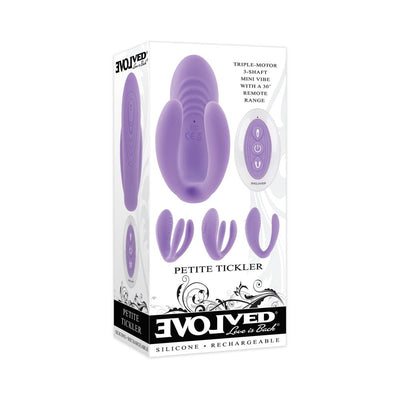 Purple Evolved Petite Tickler mini vibrator with remote control shown on product packaging.