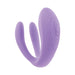 Purple compact triple-pronged mini vibrator with textured control panel and flexible design.