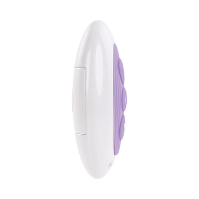 Compact white and purple remote control for the Evolved Petite Tickler Mini Vibe with textured buttons.