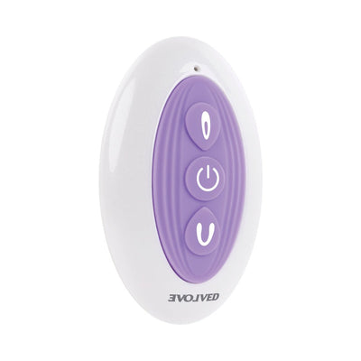 White and purple oval remote control with three buttons for the Evolved Petite Tickler Mini Vibe.