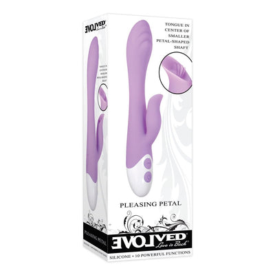 Pink silicone dual-stimulation vibrator with textured oval head and petal-shaped shaft in product packaging.