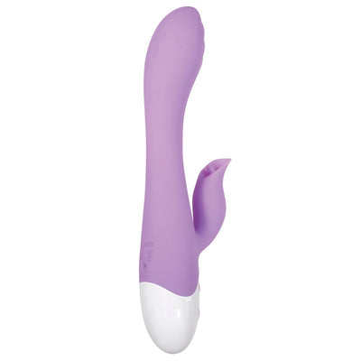 Purple silicone dual-stimulation vibrator with curved shaft and petal-shaped clitoral stimulator, white base controls.