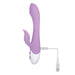 Purple silicone dual-motor vibrator with curved shaft and petal-shaped clitoral stimulator, USB rechargeable.