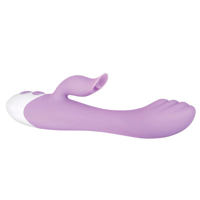 Pink silicone dual-stimulation vibrator with curved shaft and petal-shaped clitoral stimulator, white control base.