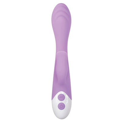 Purple silicone dual-stimulation vibrator with textured head and control buttons on white base.