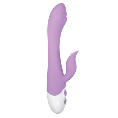Pink silicone dual-stimulation vibrator with textured curved head and petal-shaped clitoral stimulator, white base with control buttons.