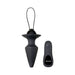 Black silicone tapered anal plug with retrieval loop and wireless remote control.