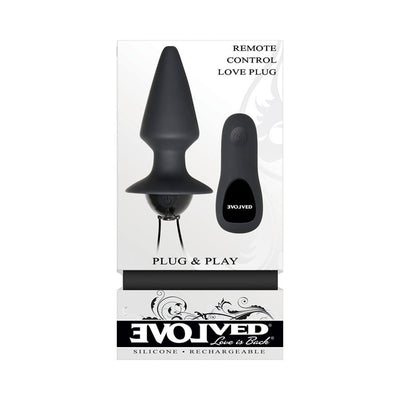 Black silicone tapered anal plug with wireless remote control displayed in white branded packaging.