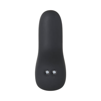 Black soft silicone remote-controlled anal plug with smooth tapered design and two metal charging contacts.