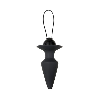 Black silicone tapered anal plug with flared base and retrieval loop, designed for remote-controlled vibration.