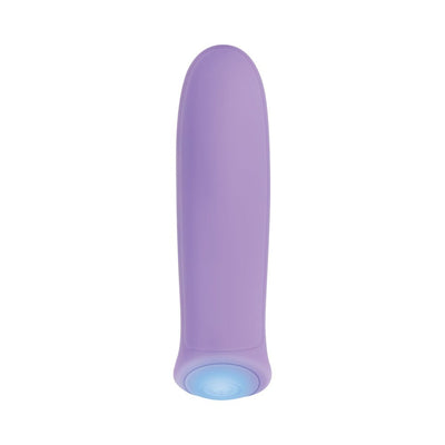 Compact purple rechargeable bullet vibrator with smooth silicone body and illuminated power button.