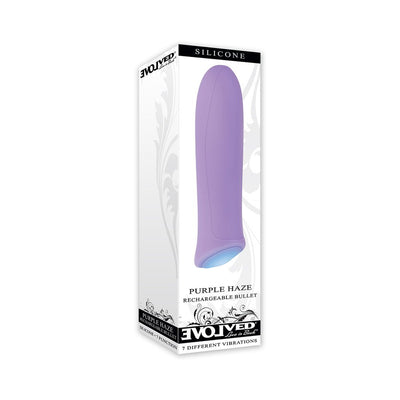 Purple silicone rechargeable bullet vibrator in sleek packaging by Evolved with seven vibration modes.