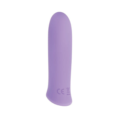Compact purple silicone bullet vibrator with smooth rounded tip and subtle curve at base, shown on white background.