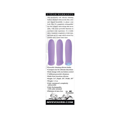 Evolved Purple Haze rechargeable silicone bullet vibrator shown from three angles with product features and warranty details.