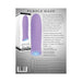 Purple Haze rechargeable bullet vibrator in lilac silicone with packaging and product features text on gray background.