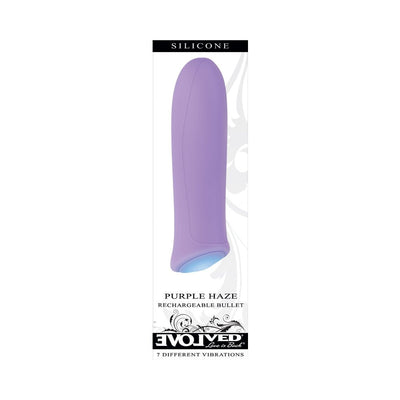Purple silicone rechargeable bullet vibrator with one-button control, shown on white packaging with branding and product details.