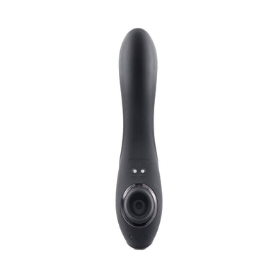 Black silicone triple stimulator with curved shaft and circular suction opening on textured handle.
