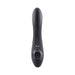 Black silicone triple stimulator with curved shaft and circular suction opening on textured handle.