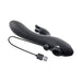 Black triple stimulator vibrator with curved shaft, rabbit attachment, suction cup, and USB charging cable on white background.