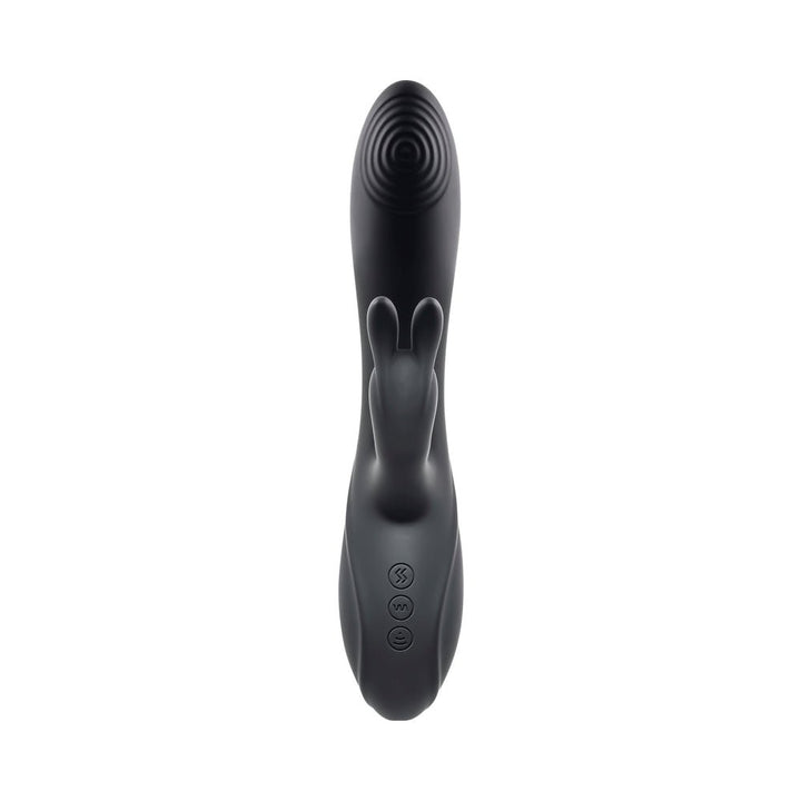 Black triple stimulator vibrator with curved textured shaft, rabbit-shaped clitoral stimulator, and three control buttons on handle.