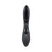 Black triple stimulator vibrator with curved textured shaft, rabbit-shaped clitoral stimulator, and three control buttons on handle.