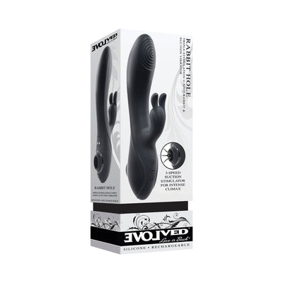 Black Evolved Rabbit Hole Triple Stimulator in packaging showing textured G-spot shaft, rabbit stimulator, and suction feature.