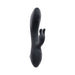 Black triple stimulator vibrator with curved textured shaft, dual flexible rabbit ears, and control buttons on the handle.