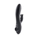 Black triple stimulator vibrator with curved main shaft, dual rabbit ears, and circular suction opening on textured handle.