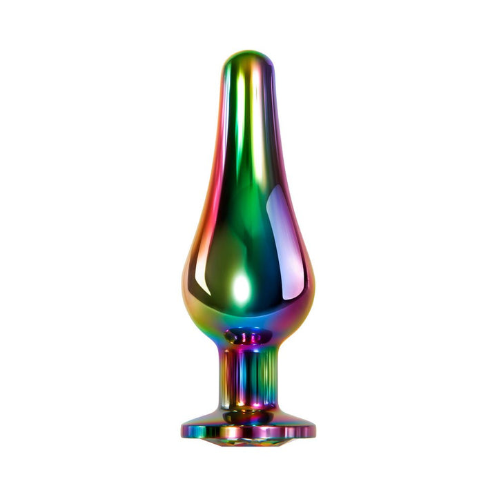 Small tapered rainbow metal butt plug with flared base and sparkling rainbow gem on bottom.