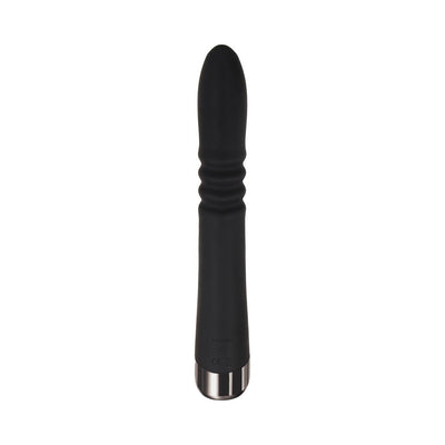Black thrusting vibrator with ribbed mid-shaft and sleek chrome-finished base, designed for dual stimulation.