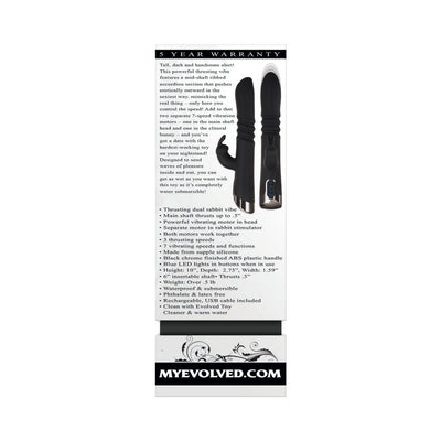 Black thrusting dual rabbit vibrator with ribbed mid-shaft and chrome-finished handle shown with product features text.