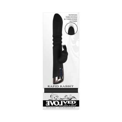 Black silicone dual rabbit vibrator with ribbed shaft, clitoral stimulator, and chrome-finished handle shown in product packaging.