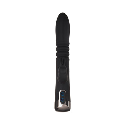 Black dual motor thrusting rabbit vibrator with ribbed shaft and chrome-finished handle with control buttons.