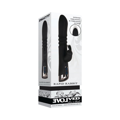 Black Rapid Rabbit thrusting dual vibrator with ribbed shaft and clitoral stimulator shown on product packaging.