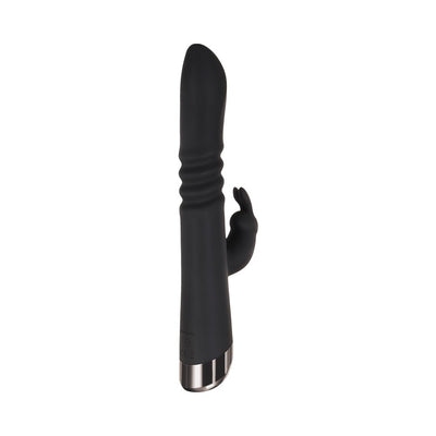 Black dual motor rabbit vibrator with ribbed shaft and curved clitoral stimulator, sleek chrome base.