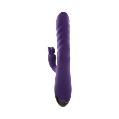 Purple silicone rabbit vibrator with textured shaft and dual stimulation arms, featuring a black base control panel.