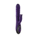 Purple silicone rabbit vibrator with textured shaft and dual motors, featuring a black control panel with three buttons.