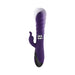 Purple dual-motor rabbit vibrator with rotating shaft and curved clitoral stimulator, shown with motion effect.