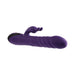 Purple silicone rabbit vibrator with textured shaft and dual motors, featuring a curved clitoral stimulator and ergonomic control buttons.