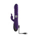 Purple silicone rabbit vibrator with rotating beads and USB charging cable on white background