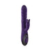 Purple silicone rabbit vibrator with textured shaft and dual motors, featuring a black control panel with three buttons.