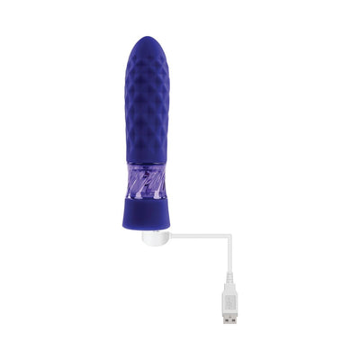 Purple textured vibrating bullet with USB magnetic charging cable attached, shown on white background.