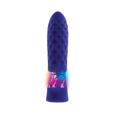 Purple textured mini vibrator with light-up base glowing in multiple colors on white background