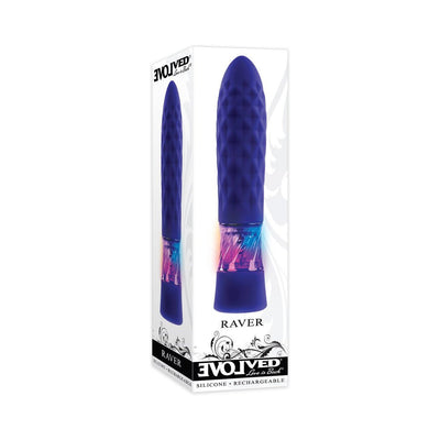 Purple textured silicone vibrating bullet with light-up feature, shown in branded packaging, rechargeable and waterproof design.